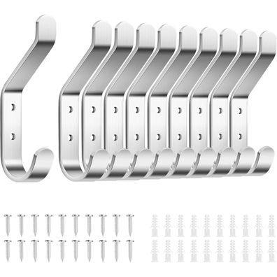 susswiff 10er Garderobenhaken zum Schrauben, Metall, Gebürstetes Silber, 10cm