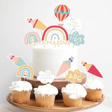 Miuezuth Tortendeko zur Einschulung, 12-teilig Regenbogen Cupcake Toppers für