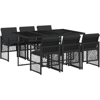 vidaXL Garten Essgruppe 7-TLG. Schwarz Poly Rattan mit Glasplatte und Kissen