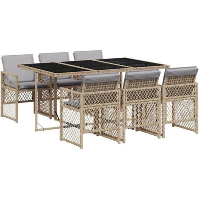 vidaXL Garten Essgruppe 7-TLG. Beige Poly Rattan mit Kissen und Glasplatte
