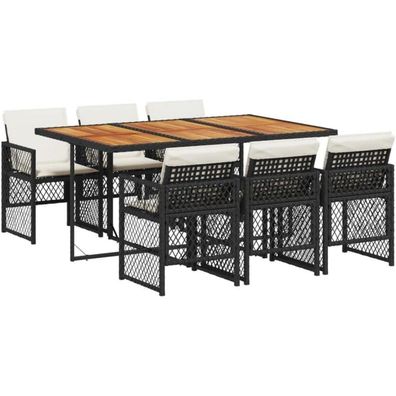 vidaXL Garten Essgruppe 7-TLG. Schwarz Poly Rattan Holz mit Kissen für Garten