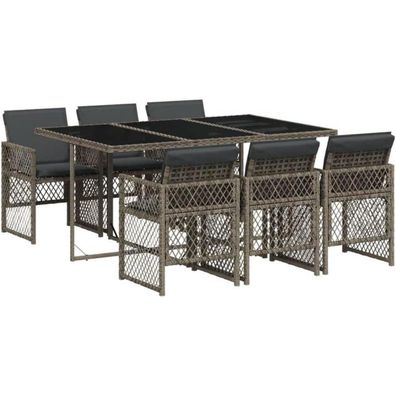vidaXL Garten Essgruppe 7-TLG. Grau Poly Rattan mit Kissen - Tisch & 6 Stühle