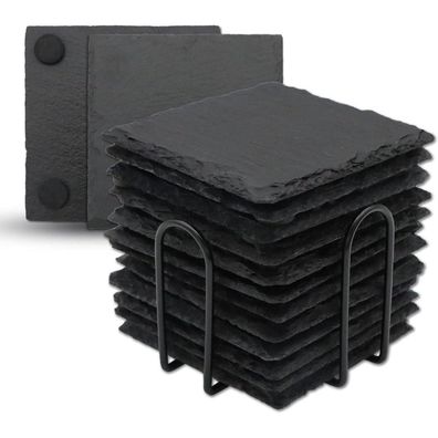 Vibratite Schiefer Untersetzer, 12 Stück Glasuntersetzer eckig mit Halter, 10,2