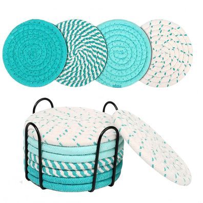 Tootesa 8er Set Handgemachte Untersetzer aus Baumwolle und Leinen, Ø 11cm, Grün