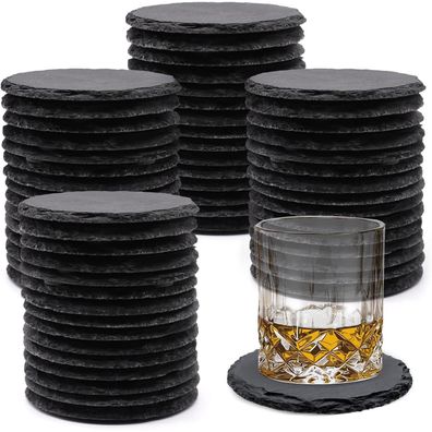 Vibratite 60er Set Schiefer Untersetzer, 10,2 cm Rund, Schwarz - Ideal für