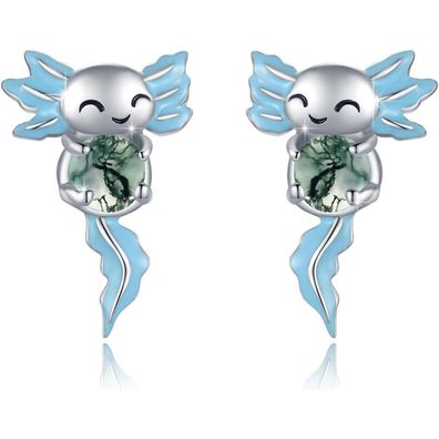 Axolotl Ohrstecker 925 Sterling Silber Hypoallergen mit Moosachat - Schmuck für