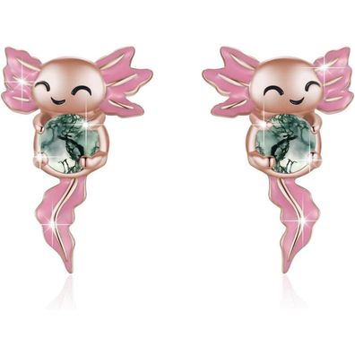 Axolotl Ohrstecker 925 Sterling Silber, hypoallergen, mit Moosachat - Schmuck