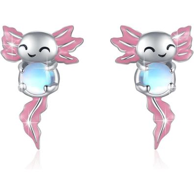 Axolotl Ohrstecker 925 Sterling Silber mit Mondstein - Hypoallergenes