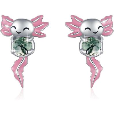 Axolotl Ohrstecker 925 Sterling Silber Hypoallergen Tier Ohrringe mit Moosachat