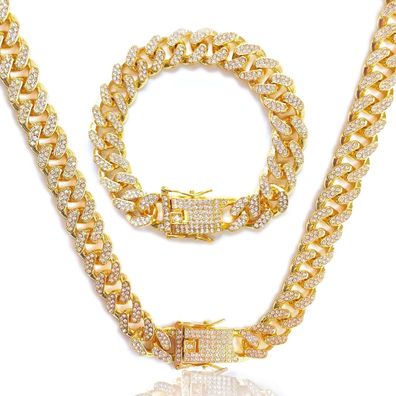 LOCCY 12mm Kubanische Gliederkette Set - Silber/Gold, Iced Out mit
