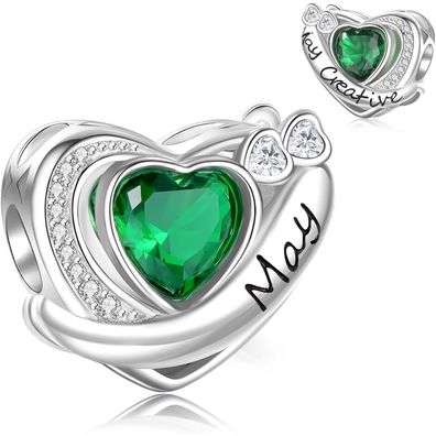 Symretie 925 Sterling Silber Geburtsstein Herz Charm Anhänger für Damen - Mai