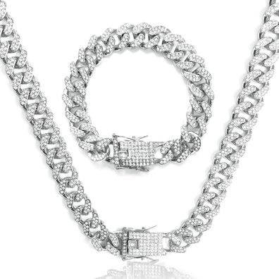 LOCCY 12mm Kubanische Gliederkette - Silber/Gold, Iced Out Armband & Kette mit