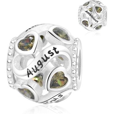 Symretie 925 Sterling Silber Geburtsstein Herz Charm Anhänger - August