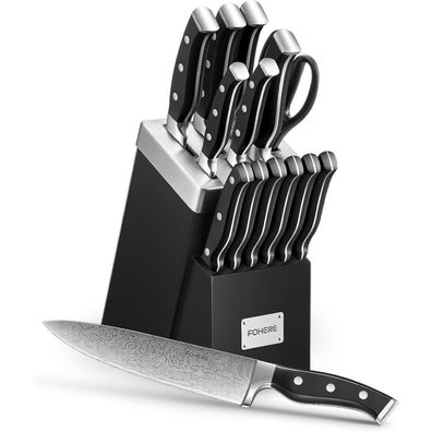 FOHERE 14-teiliges Messerblock Set, Selbstschärfend, Edelstahl Küchenmesser