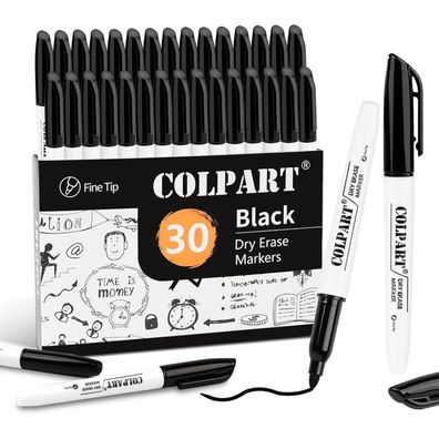 colpart 30 Stück Whiteboard Marker Schwarz mit feiner Spitze, geruchsarm und