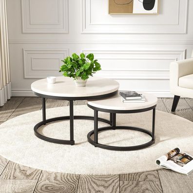 Hawthyhome 2er Beistelltisch Set rund, Couchtisch Holz mit Metallrahmen, Weiß