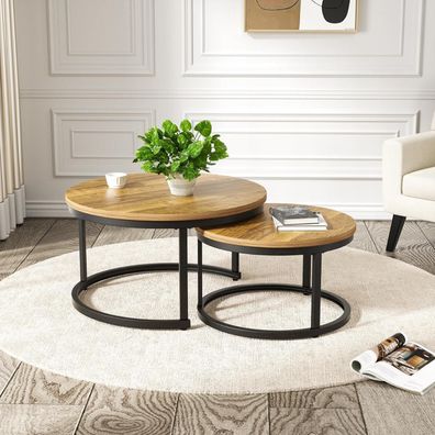 Hawthyhome 2er Set runde Holz Beistelltische mit Metallrahmen, Braun