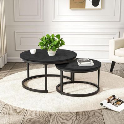 Hawthyhome 2er Beistelltisch Set rund, Couchtisch aus Holz mit Metallrahmen