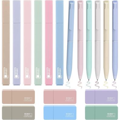 Cozclam 18-teiliges Aesthetic Schreibset: 6 Pastell Textmarker, 6 Gelstifte, 6