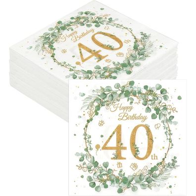 Weysoo Servietten 40 Geburtstag Eukalyptus Design, 40 Stück Papierservietten