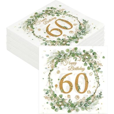 Weysoo Servietten 60 Geburtstag Eukalyptus Grün Gold, 30 Stück, 33x33cm