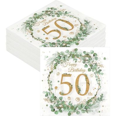 Servietten 50. Geburtstag Eukalyptus Grün Gold, 40 Stück Papierservietten