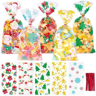 HAKACC 150 Stück Weihnachten Gebäcktüten, 5 Stile Süßigkeiten Tüten mit Twist