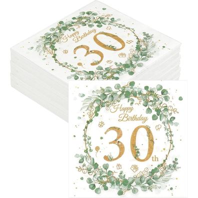 Weysoo Servietten 30. Geburtstag Eukalyptus Grün Gold, 40 Stück