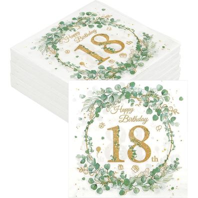 Weysoo Servietten 18. Geburtstag Eukalyptus Grün Gold, 40 Stück (33x33cm)