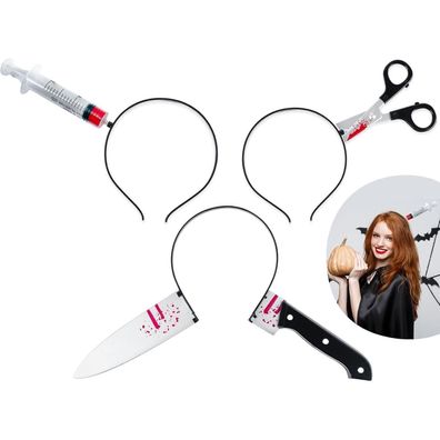 ROSAUI Halloween Haarreif Set: Messer, Schere & Spritze im Kopf - Kostüm