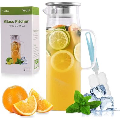 Yirilan Glaskaraffe 1 Liter / 35 Unzen Wasserkaraffe mit Deckel, ideal für Tee