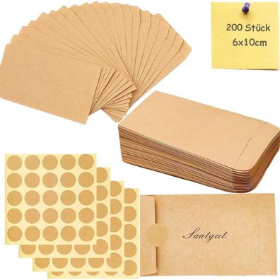 qingmeng 200 Stück Mini Kraftpapier Tüten 6x10cm mit 100 Aufklebern für