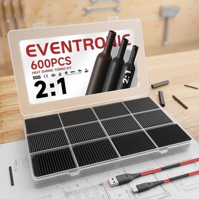 Eventronic Schrumpfschlauch Set 600 Stück, 27m, 5 Farben, 12 Größen, IP56