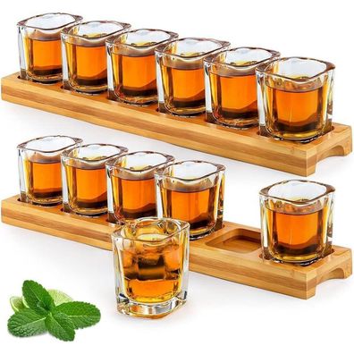 SuproBarware Schnapsgläser-Set mit 12 Gläsern (60 ml) und 2 Holztabletts