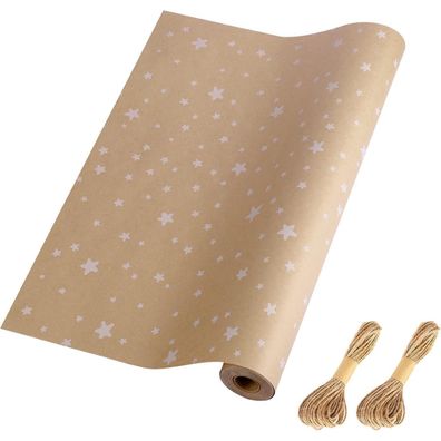 HBell Braunes Geschenkpapier, 43cm x 15m, mit weißen Sternen, Kraftpapierrolle