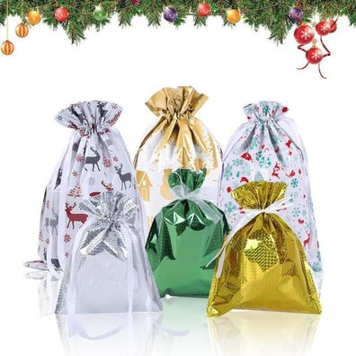 6er Set Weihnachts-Geschenktüten mit Kordelzug, ideal für Weihnachtsfeiern und