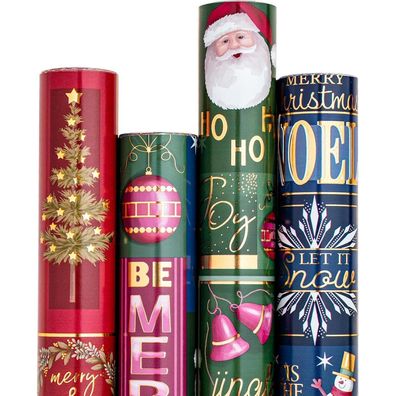 Ruspepa Weihnachts-Geschenkpapier 4 Rollen - Weihnachtsmann, Schneemann, Baum