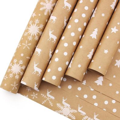HBell 5er Pack Weihnachtsgeschenkpapier - Braunes Kraftpapier mit Schneeflocken