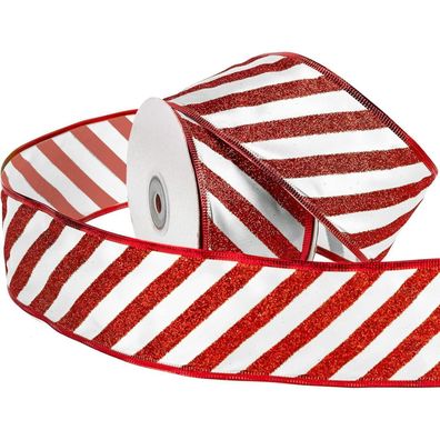 Ruspepa Weihnachtsband Rot-Weiß Gestreift, 63 mm x 22 m, mit Drahtrand für