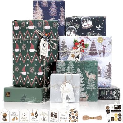 Larcenciel Geschenkpapier Weihnachten Set mit Anhängern & Aufklebern, 8 Blatt
