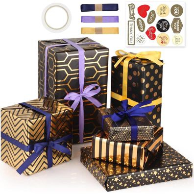 Bigqin Geschenkpapier Geburtstag Schwarz Gold, 6 Blätter 50x70 cm, Set mit Band