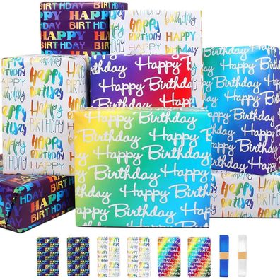 Geschenkpapier Set Geburtstag mit 6 Bögen, 6 Anhängern und 2 Bändern, buntes