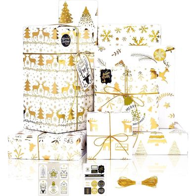 Larcenciel Geschenkpapier Weihnachten Set, 6 Bögen Metallic Glitzer Gold
