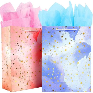Edunass Geschenktüten Groß mit Henkel (2 Stück) & Seidenpapier - Blau & Rosa