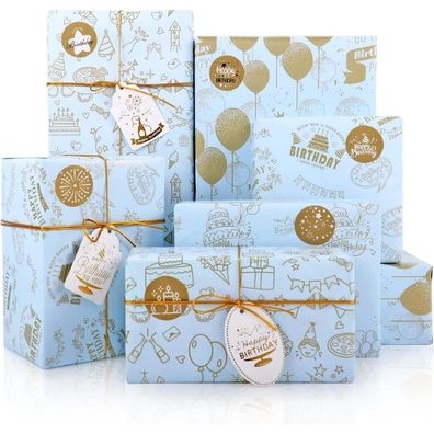MAMUNU Geschenkpapier Geburtstag, 6 Blatt Metallic Gold, Kinder, Happy