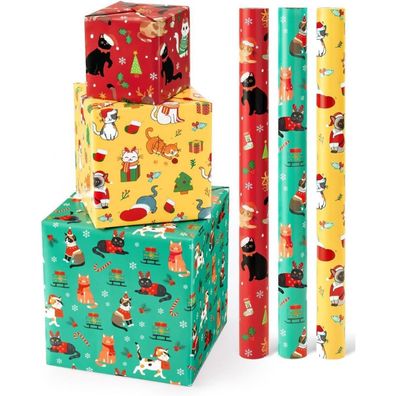 Wernnsai 3er Set Geschenkpapierrollen mit Weihnachtskatzen-Motiv, 43 cm x 3 m