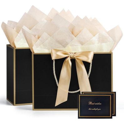 BBLIKE Geschenktüten 2 Stück mit Schleifenbändern, Grußkarten & Taschentüchern