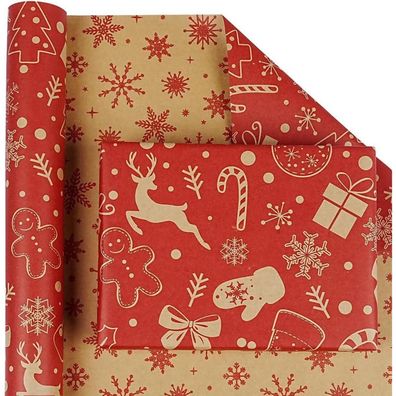 Doppelseitiges Weihnachtsgeschenkpapier Rolle, Rot Braun, recycelbar, 43cm x 10m