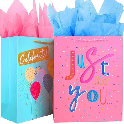 Edunass Geschenktüten Groß Set (2 Stück) mit Seidenpapier - Teal & Rosa mit