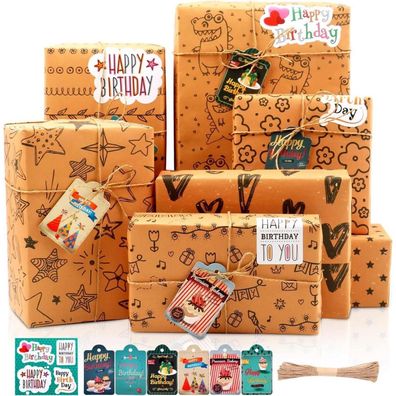 MAMUNU Geschenkpapier Geburtstag Set, 7 Blatt Kraftpapier mit Aufklebern und